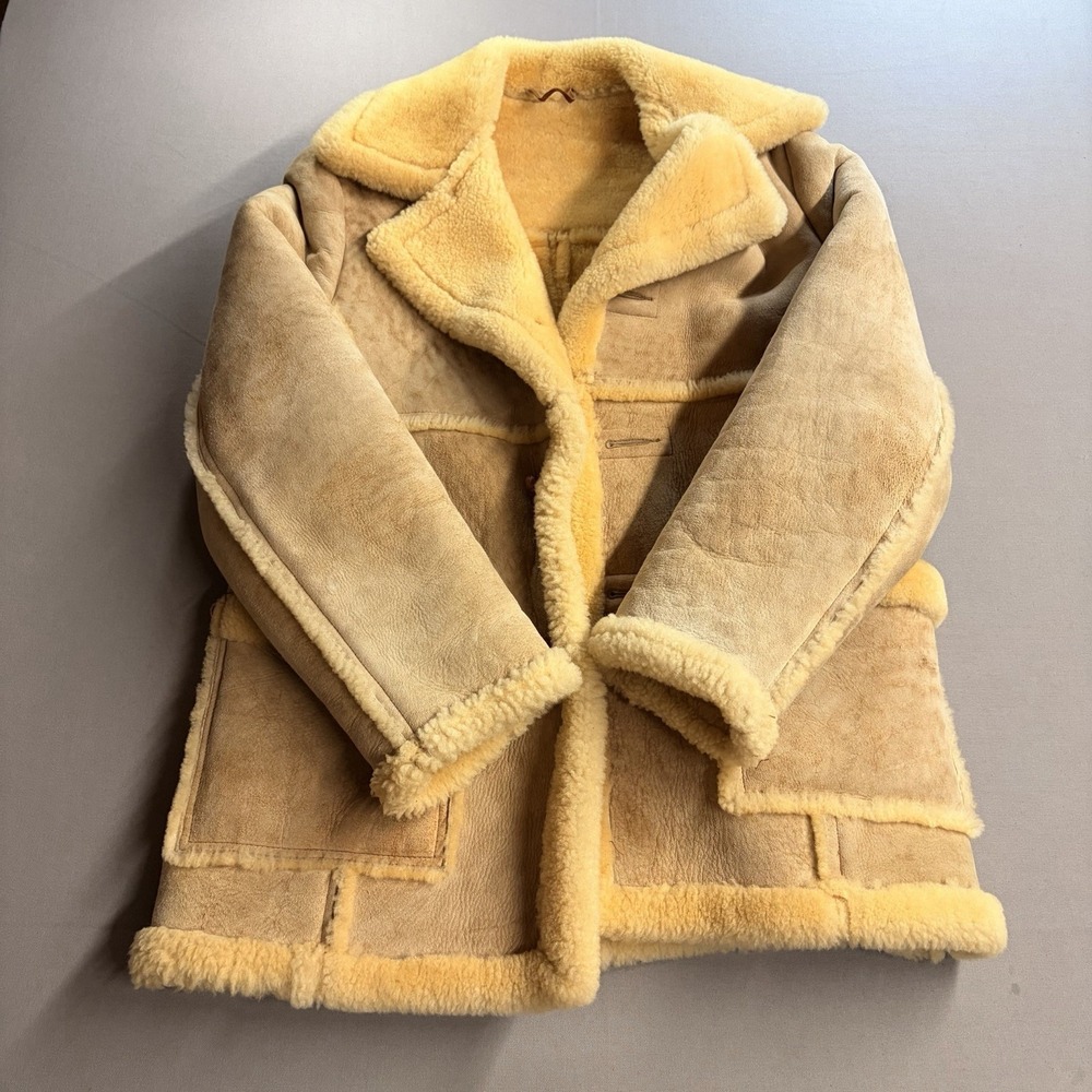 Vintage Schott NYC Shearling Sheepskin Rancher Coat 42 Made USA Leather Tan